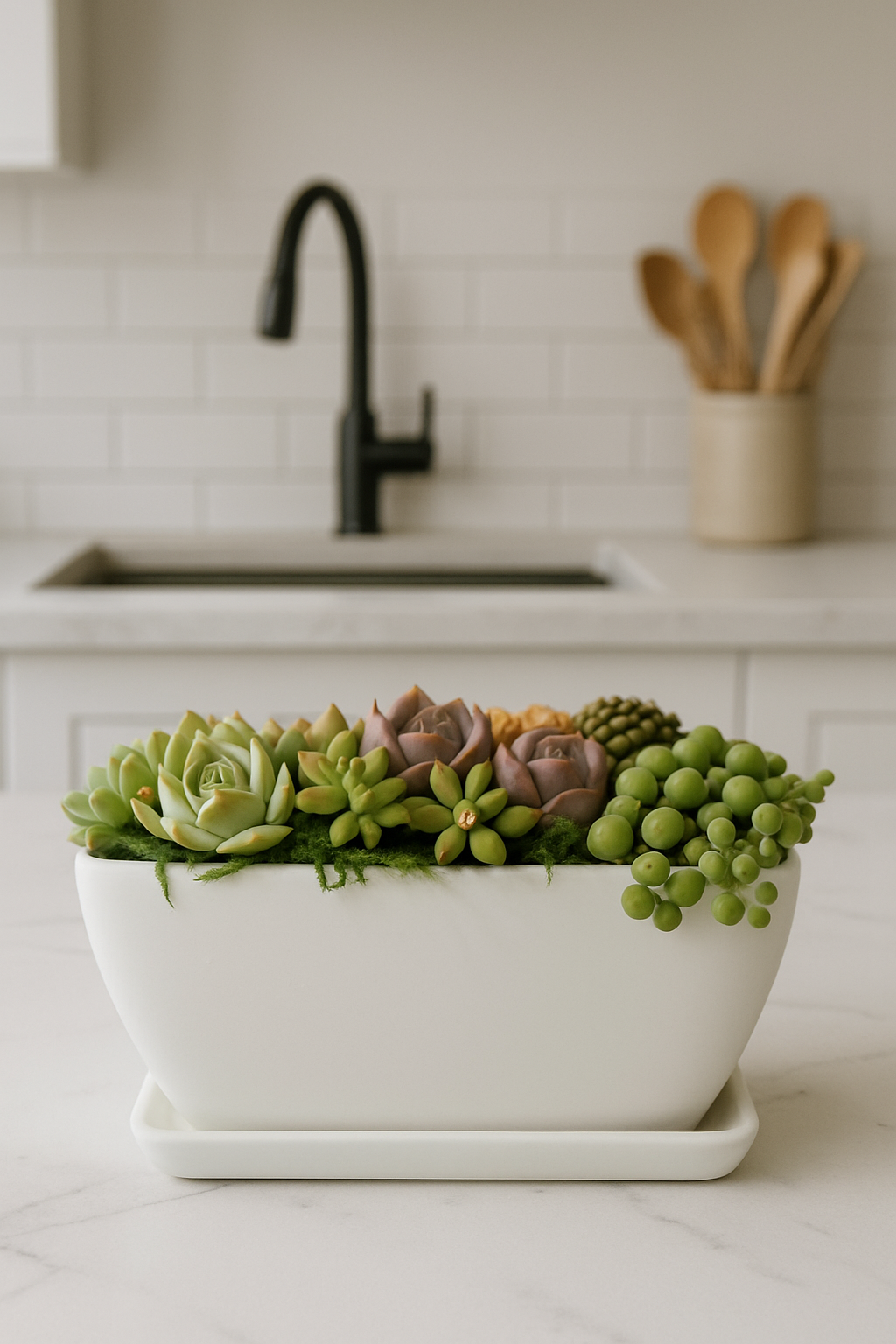 long white succulent planter A Breath of Zen Succulent Arrangement