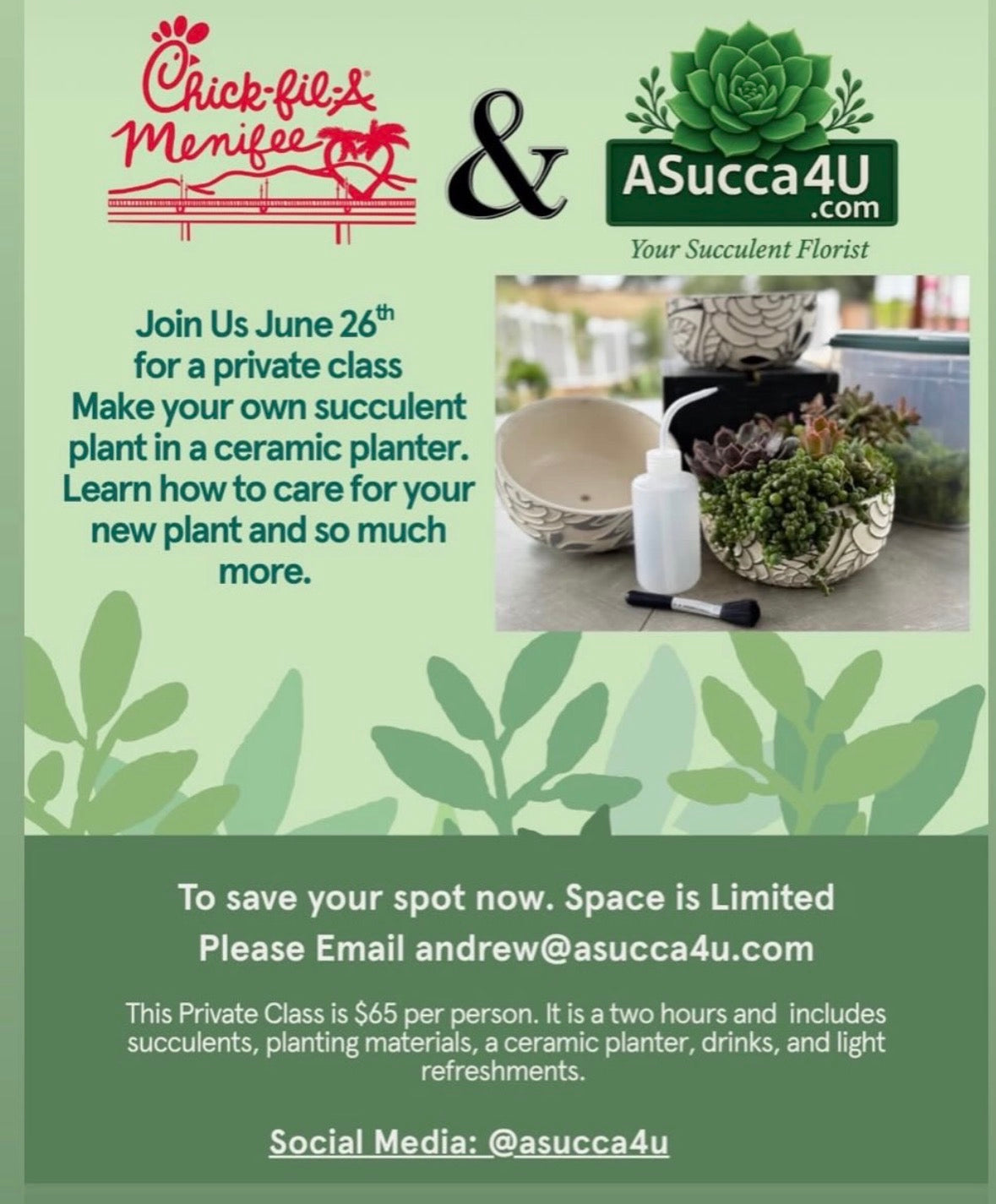 Make Your Own Succulent Arragement - Chick oil A- June 26